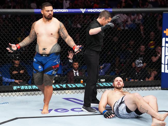 Junior’s brother, Justin, reacts to his first round knockout of Parker Porter in February. Picture: Chris Unger/Zuffa LLC/Getty Images