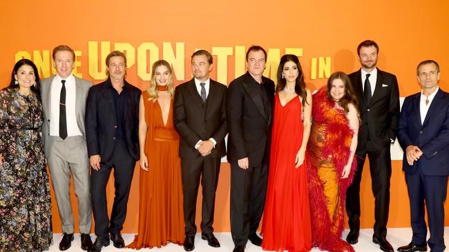 Shannon McIntosh, Damian Lewis, Brad Pitt, Margot Robbie, Leonardo DiCaprio, Quentin Tarantino, Daniela Tarantino, Lena Dunham, Costa Ronin and David Heyman attend the UK premiere of Once Upon A Time … In Hollywood. Picture: Tim P. Whitby/Getty