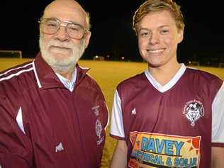 Warwick Wolves coach Bernie Lopez with striker Nick Spence after he netted three goals against USQ. Picture: Gerard Walsh