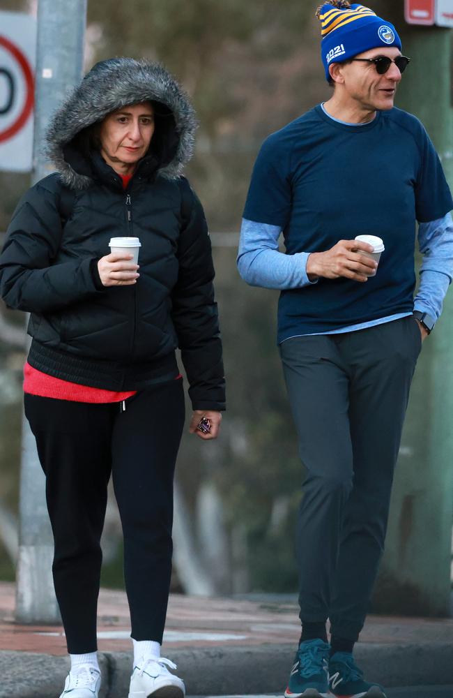 Gladys Berejiklian and Arthur Moses on a coffee run in Northbridge. Picture: Matrix