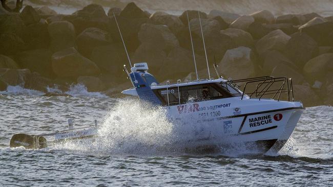 A VMR Southport rescue boat at the Spit Wall, Main Beach believed to be heading out to South Stradbroke Island. Picture: Jerad Williams