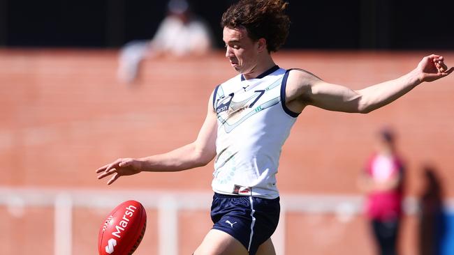 BRISBANE, AUSTRALIA - JULY 07: Ollie Hannaford of Victoria Country kicks during the Marsh AFL National Championships match between U18 Boys Allies and Victoria Country at Brighton Homes Arena on July 07, 2024 in Brisbane, Australia. (Photo by Chris Hyde/AFL Photos/via Getty Images)