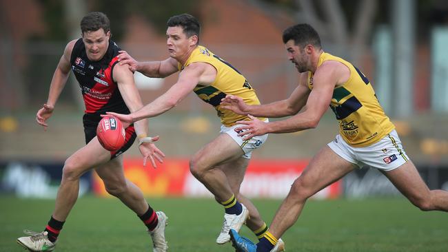 West Adelaide forward Hamish Ellem goes head-to-head with Eagles defender Luke Thompson. Picture: Dean Martin