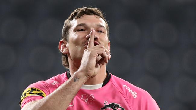 Brent Naden gestures to the crowd as the Panthers silenced the Tigers at Bankwest Stadium. Picture: Getty Images