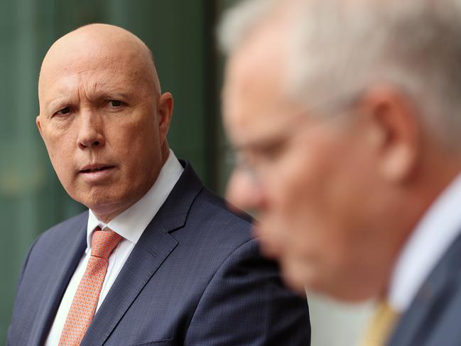 CANBERRA, AUSTRALIANewsWire Photos MARCH 01, 2022: Prime Minister Scott Morrison with Defence Minister Peter Dutton met with the national security committee of cabinet on Ukraine and the Australian floods, and then spoke to media at a press conference at Parliament House in Canberra.Picture: NCA NewsWire / Gary Ramage