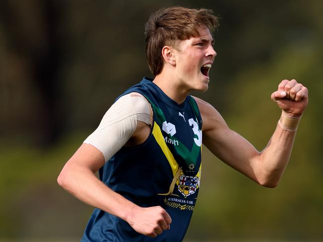MELBOURNE, AUSTRALIA - APRIL 13: Archie Ludowyke of the AFL National Academy celebrates kicking a goal during the Marsh AFL National Academy Boys match between Australia U18 and Richmond VFL at RSEA Park on April 13, 2025 in Melbourne, Australia. (Photo by Josh Chadwick/AFL Photos/via Getty Images)