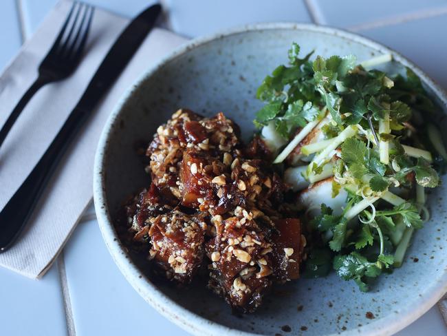 The caramelised sticky pork and crisp green apple salad.