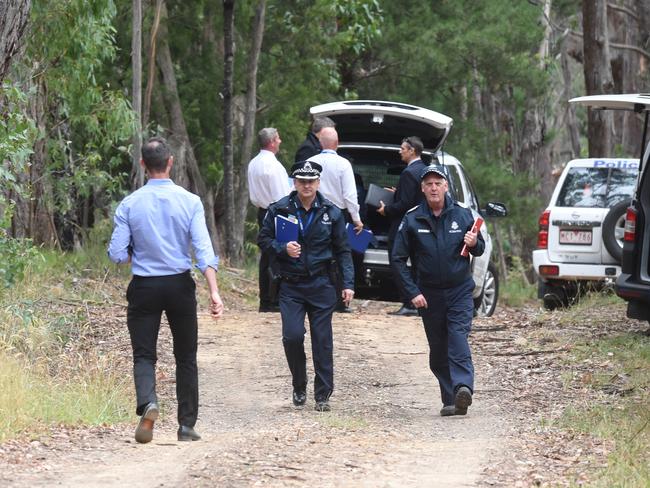 Police at the scene near where a decomposed body has been found in the Macedon Regional Park. Picture: Kylie Else