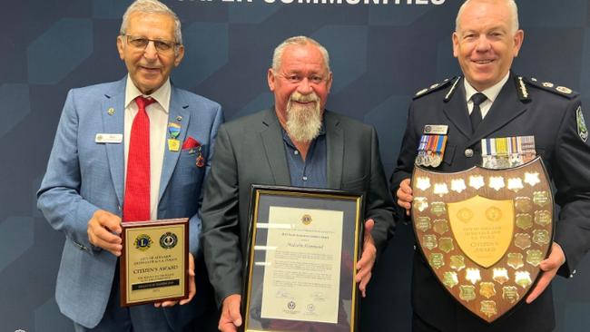 Raymond Najar from Lions Club SA, 2023 SAPOL Citizen of the Year Malcolm Hammond and Commissioner Grant Stevens at Police Headquarters. Picture: SAPOL