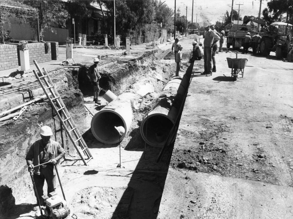 The storm drain in a floodprone section of King William Rd, Hyde Park, on February 14, 1985. Source: File