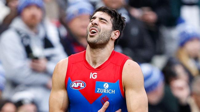 MELBOURNE, AUSTRALIA - JUNE 10: Christian Petracca of the Demons leaves the field injured during the 2024 AFL Round 13 match between the Collingwood Magpies and the Melbourne Demons at The Melbourne Cricket Ground on June 10, 2024 in Melbourne, Australia. (Photo by Dylan Burns/AFL Photos via Getty Images)