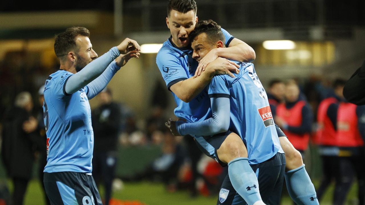 SYDNEY, AUSTRALIA – JUNE 19: Bobo of Sydney FC celebrates a goal with teammates during the A-League Semi-Final match between Sydney FC and Adelaide United at Netstrata Jubilee Stadium, on June 19, 2021, in Sydney, Australia. (Photo by Mark Evans/Getty Images)