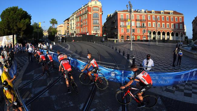 Australian sprinter Caleb Ewan’s Lotto-Soudal team rides into Nice for the start of the Tour de France. Picture: Getty Images