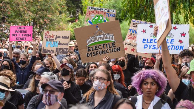 Protesters March on the liberal party headquarters. Picture: Jason Edwards