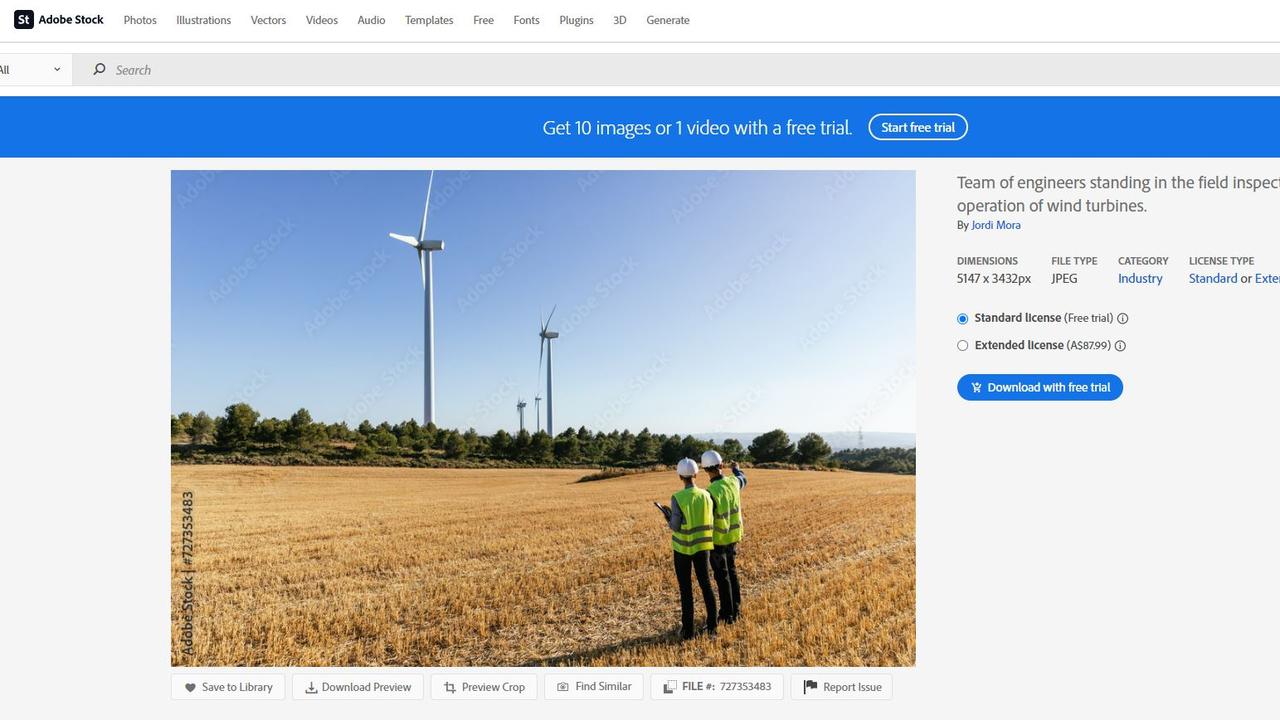 Barcelona photographer Jordi Mora Igual's photograph of engineers &amp; wind turbines for sale on the Adobe stock image site.