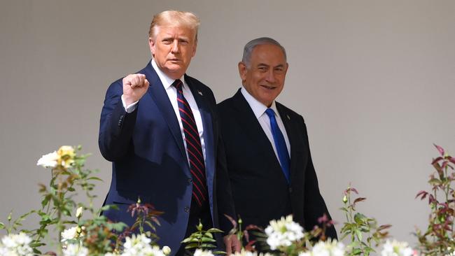 Then president Donald Trump arrives with Israeli Prime Minister Benjamin Netanyahu before Bahraini ministers participated in the signing of the Abraham Accords at the White House in 2020. Picture: AFP