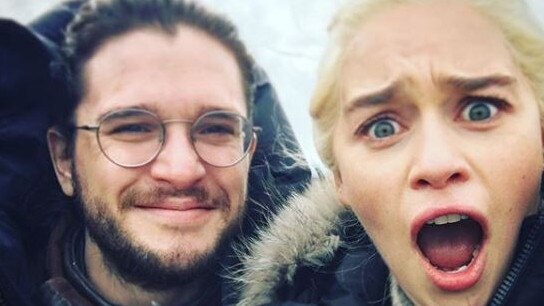 Kit Harington and Emilia Clarke on set of Game of Thrones. Picture: @emilia_clarke