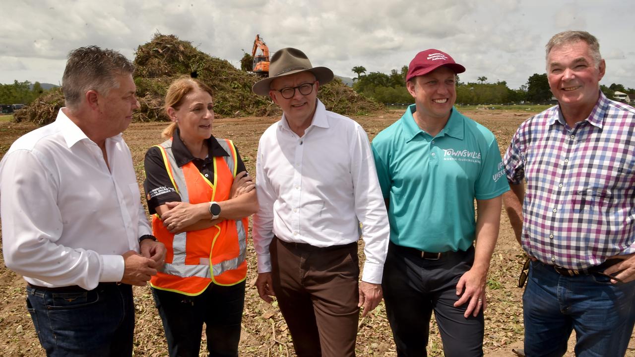 Prime Minister Anthony Albanese with Member for Thuringowa Aaron Harper, Townsville Mayor Jenny Hill, Premier Steve Miles and Member for Townsville Scott Stewart visit the temporary waste disposal site at Lou Lister Park after Cyclone Kirrily. Picture: Evan Morgan