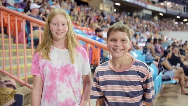 Charlie Ewin and Phoebe Farrell enjoying the action as Gary Ablett Jr played for Palmerston Magpies. Picture: (A)manda Parkinson