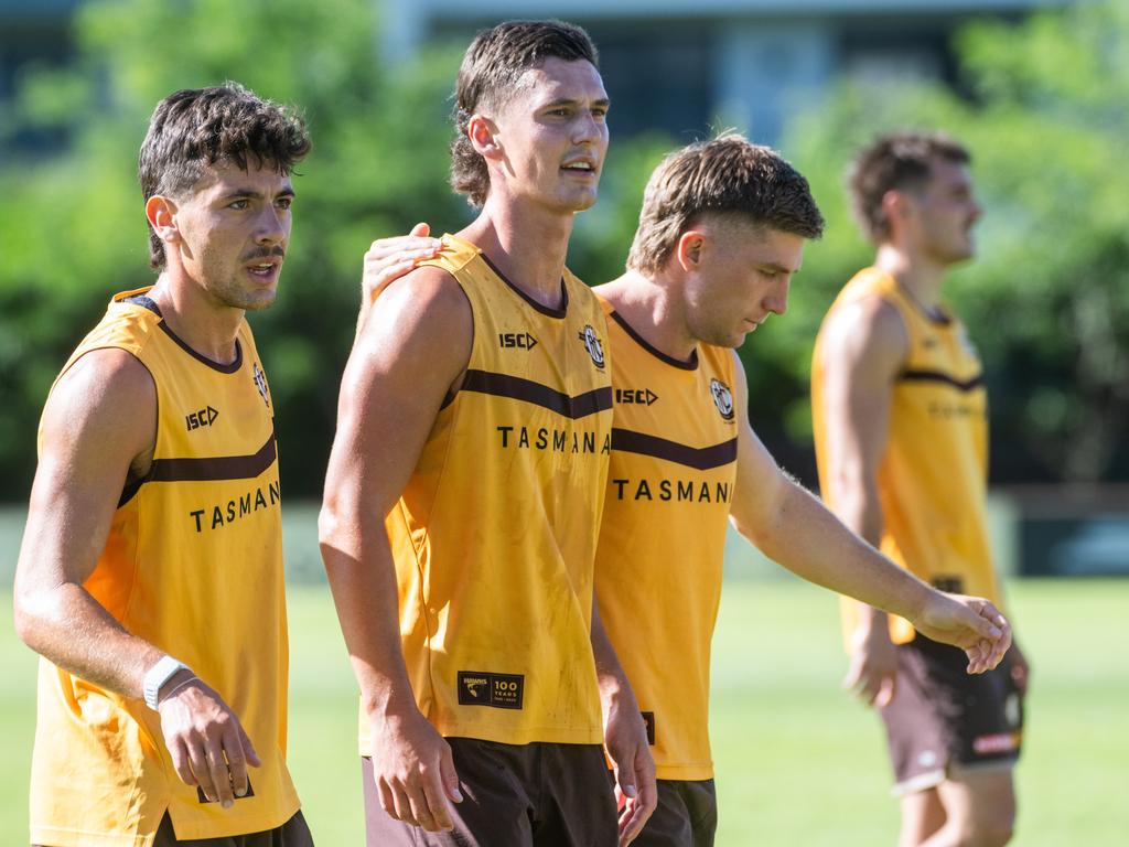 Connor Macdonald (centre) is tipped to break out in 2025 after an impressive campaign last year. Massimo D’Ambrosio (left) enjoyed a strong first season at the club in 2024, while Dylan Moore (right) is an All Australian . Picture: Tony Gough