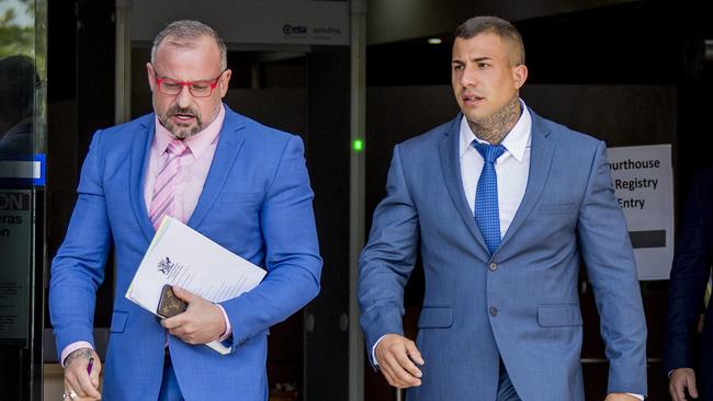 Lawyer Campbell MacCallum with his client Harley Barbaro at Southport Courthouse. Picture: Jerad Williams