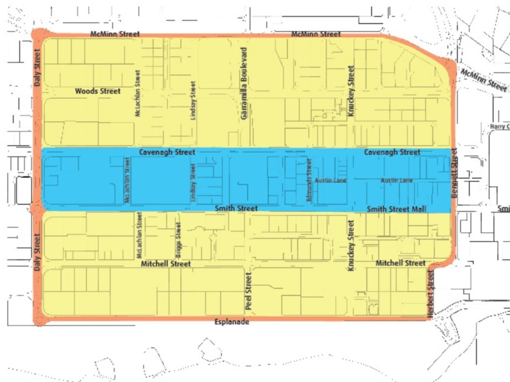 The City of Darwin is considering lowering the speed limit throughout the CBD, asking residents whether they would like it lowered to 40km/h in the orange, yellow or blue zones. Map: City of Darwin