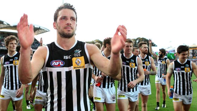 Travis Boak and Port Adelaide in the prison bar guernsey in 2014. Picture Sarah Reed.