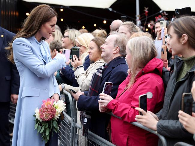 Britain's Catherine, Princess of Wales meets with people during a visit of the Trademarket outdoor market, in Belfast. Picture: AFP