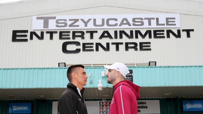 Tim Tszyu and Michael Zerafa face off in Newcastle. Picture: Peter Lorimer/Getty