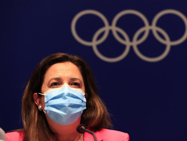 Queensland Premier Annastacia Palaszczuk speaks at a press conference at the Tokyo 2020 Olympics after she successfully bid to hold the 2032 Olympics in Brisbane. Pics Adam Head