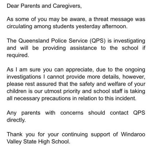 Email sent to parents from Windaroo Valley State High School principal. Picture – contributed.