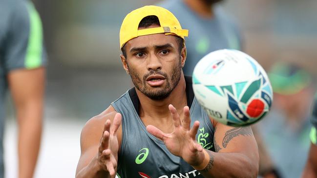 TOKYO, JAPAN - SEPTEMBER 24:  Will Genia of Australia receives a pass during a training session at Urayasu Park September 24, 2019 in Tokyo, Japan. (Photo by Dan Mullan/Getty Images)