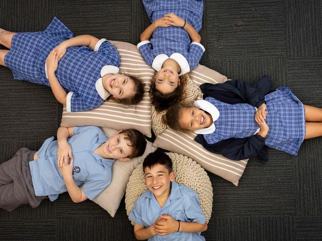 Joshua, Andy, Mikaela, Sienna, and Gigi practice mindfulness at St. John Bosco's Primary School. Picture: Jason Edwards