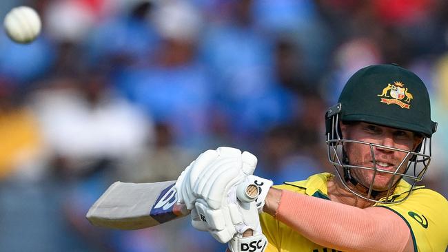 David Warner playing a shot during last year’s ICC Men's Cricket World Cup one-day international match against Bangladesh. Should the Australian selectors have chosen Fraser-McGurk over the established opener? Picture: Punit Paranjpe/AFP