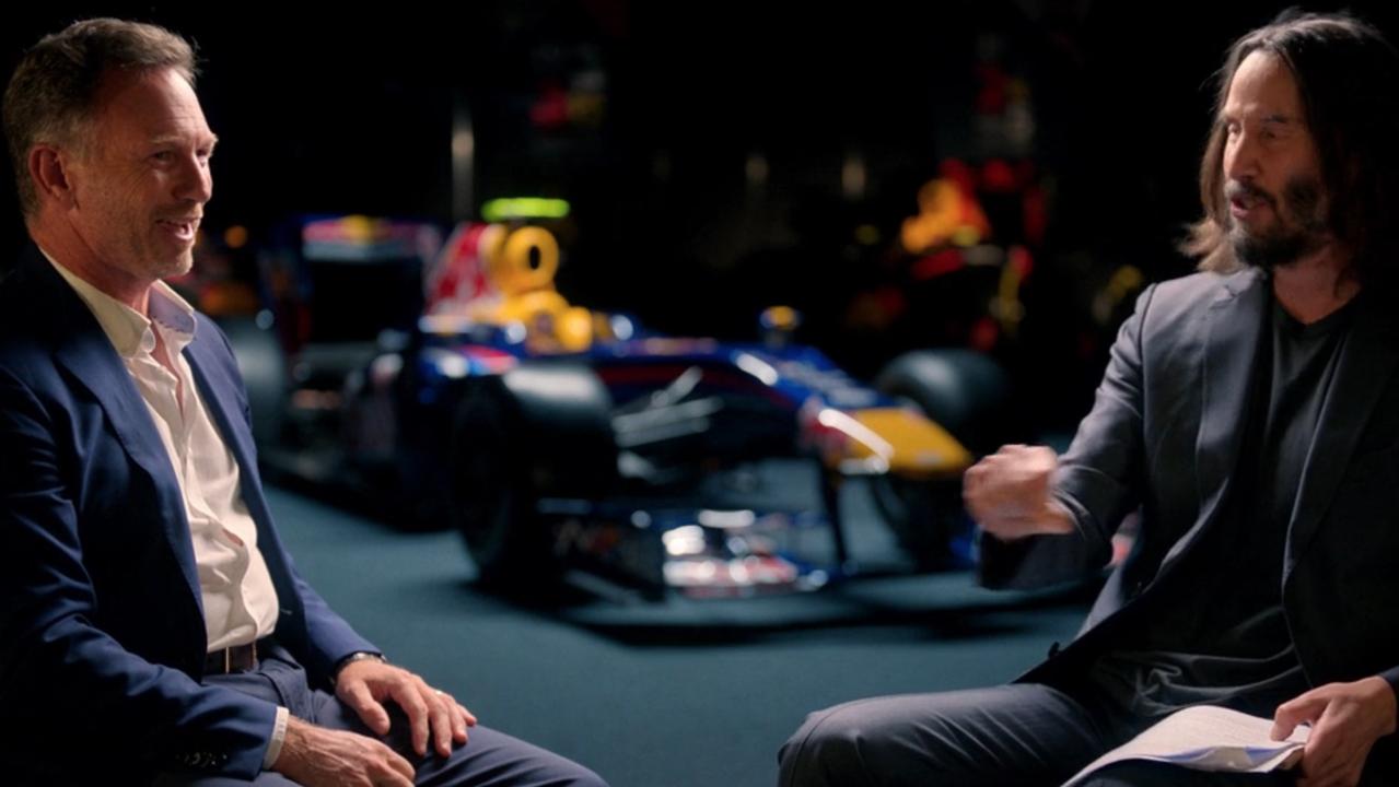 Keanu Reeves interviews Red Bull boss Christian Horner. Photo: Disney+