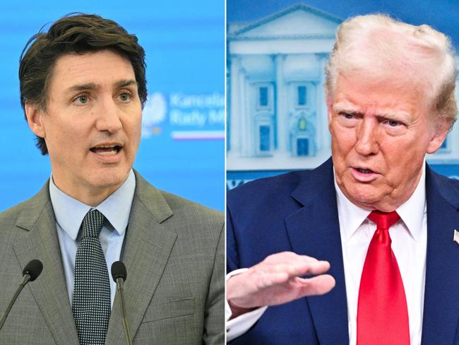 (COMBO) This combination of pictures created on February 03, 2025 shows Canadian Prime Minister Justin Trudeau in Warsaw on January 28, 2025 and US President Donald Trump in Washington, in the Brady Press Briefing Room at the White House on January 30, 2025 in Washington, DC. US President Donald Trump said he had spoken on February 3, 2025 to Prime Minister Justin Trudeau about the punishing tariffs he has levied on Canada, adding that they would talk again later in the day. (Photo by Sergei GAPON and ROBERTO SCHMIDT / AFP)