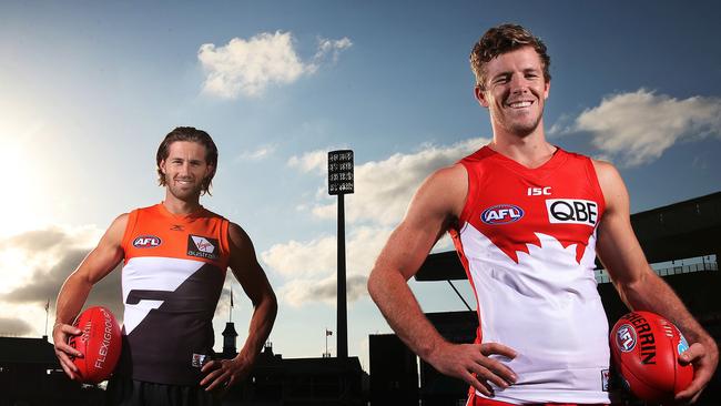 GWS Giants co-captain Callan Ward and Sydneys vice-captain Luke Parker ahead of Saturday night’s derby. Picture. Phil Hillyard