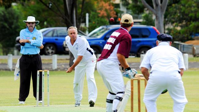 Sunshine Coast Antiquarians bowler Kerry Emery swings one down.Picture: Max Fleet