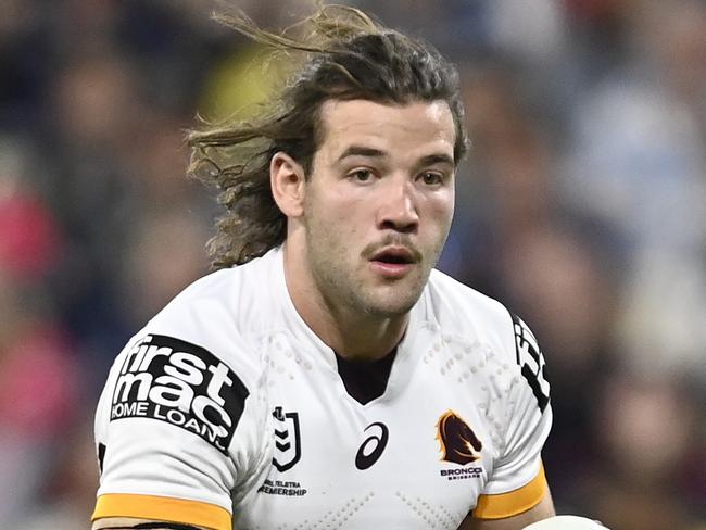 TOWNSVILLE, AUSTRALIA - JULY 02:  Patrick Carrigan of the Broncos runs the ball during the round 16 NRL match between the North Queensland Cowboys and the Brisbane Broncos at Qld Country Bank Stadium, on July 02, 2022, in Townsville, Australia. (Photo by Ian Hitchcock/Getty Images)