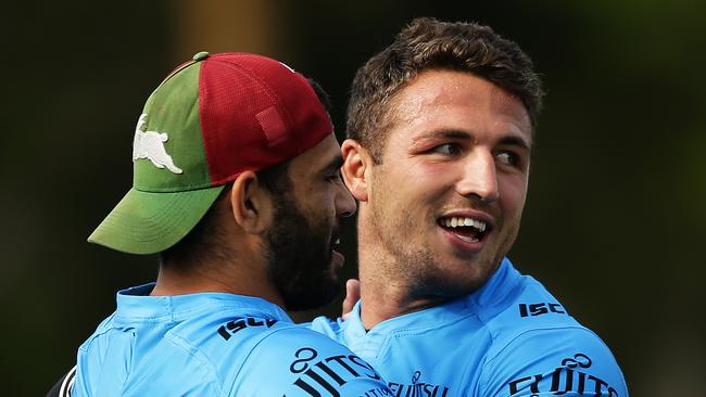 Sam Burgess and Greg Inglis during South Sydney training. Picture: Brett Costello
