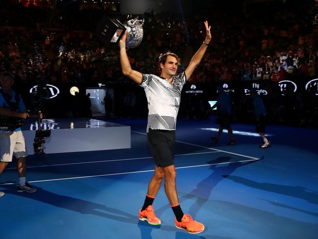 Roger Federer after winning the Australian Open in 2017. Picture: Clive Brunskill