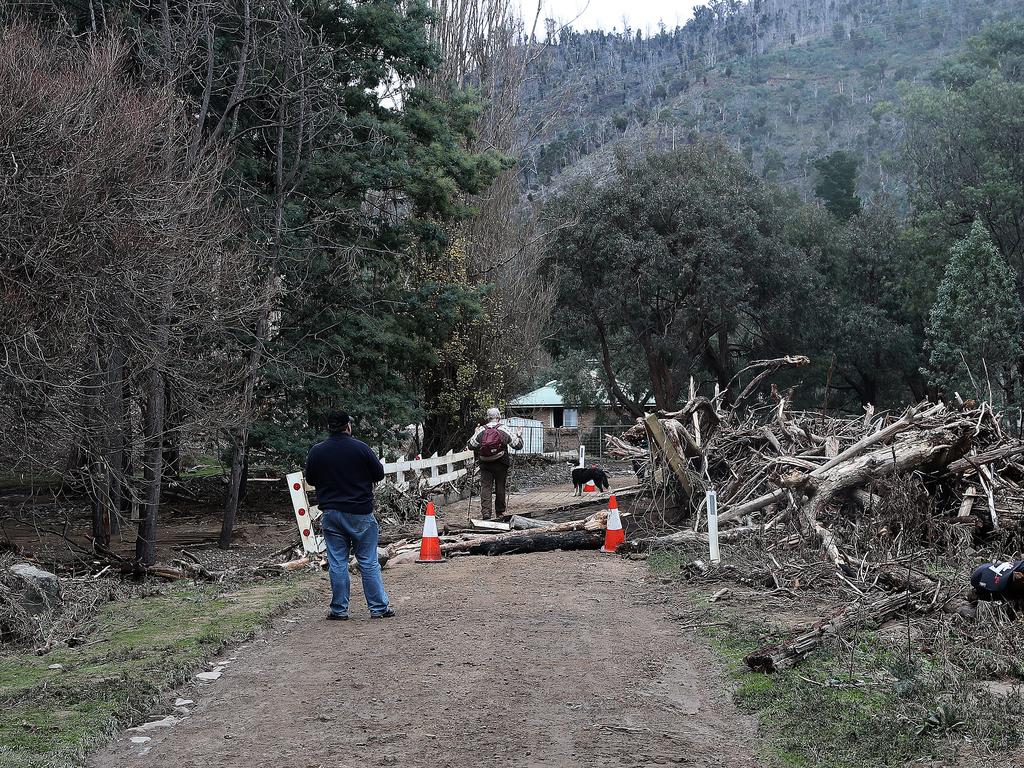 The wooden bridge on Glen Dhu Road that has been destroyed by flood water. Picture: LUKE BOWDEN