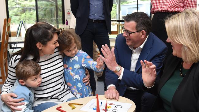 Victorian Premier Daniel Andrews at Goodstart Early Learning with,(from left) Rafael Flores, 2, Natalie Flores, Selina Flores, 4, and Minister for Early Childhood and Pre-Prep, Ingrid Stitt. Picture: NCA NewsWire/Josie Hayden