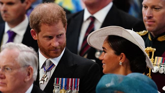 Harry and Meghan, seen here at an earlier event, will sit behind King Charles at today’s funeral. Picture: AFP