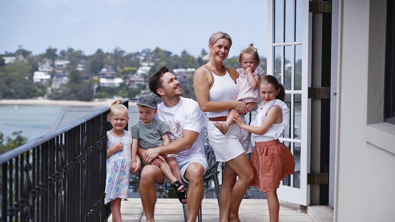 Dean Honan, with wife Katie and kids Bella, Jack, Eden and Maddie, at their Burraneer home. Picture: Sam Ruttyn
