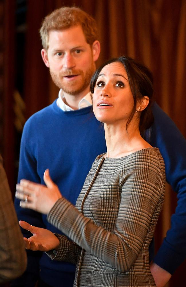 Prince Harry and Meghan Markle admire the interior of the banqueting hall during a visit to Cardiff Castle on January 18, 2018 in Cardiff, Wales. Picture: Getty