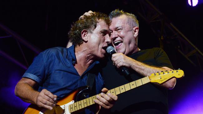 Ian Moss performing with Jimmy Barnes during a Cold Chisel concert at the Adelaide 500 in March 2018. Picture: Brenton Edwards