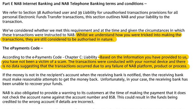 NAB reached their decision on the 3rd of January, stating that they were not liable for what occured. Picture: Supplied