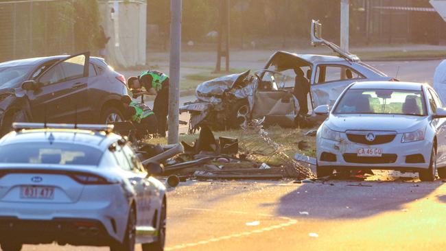 Police investigate the scene of a horror crash at the Trower Rd and Lakeside Dr intersection on Sunday. Picture: Glenn Campbell