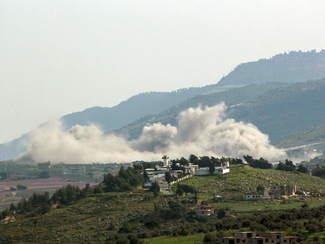 Smoke billows during Israeli bombardment on the village of Kfarkila in southern Lebanon near the border with Israel. Picture: AFP